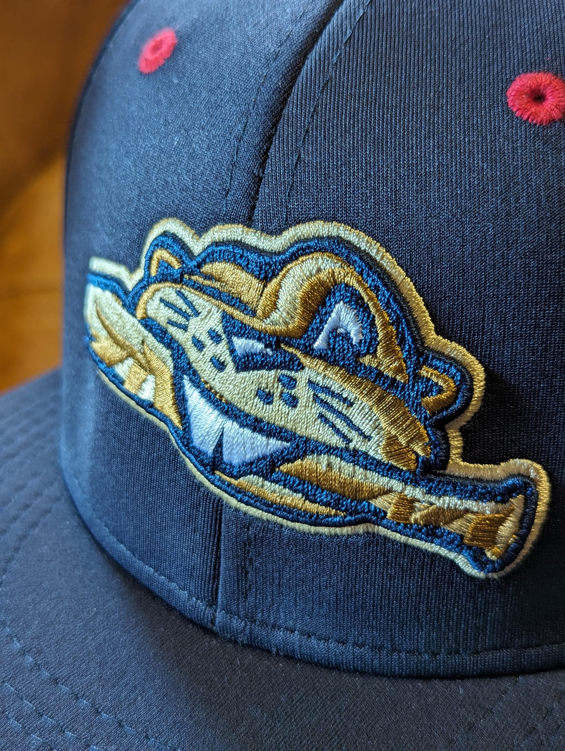 close up of USPBL Birmingham Bloomfield Beavers batting practice BP hat, navy red details and beaver mascot logo