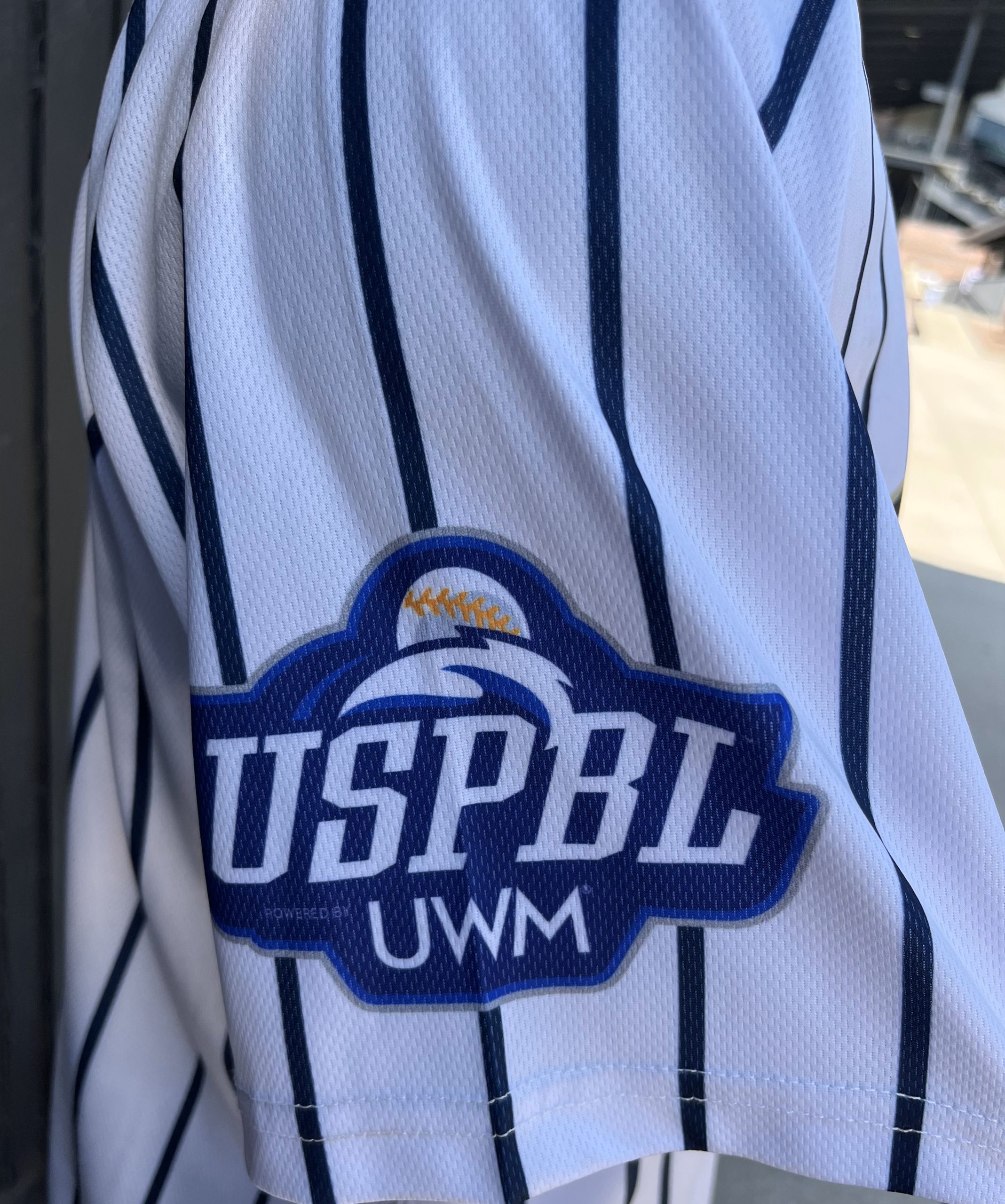 Birmingham Bloomfield Beavers white and navy pinstripe jersey closeup of USPBL league logo on sleeve