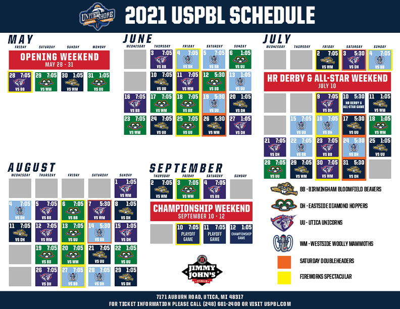 Jimmy Johns Field Schedule 2022 2021 Schedule - United Shore Professional Baseball League