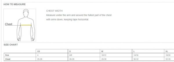 YST360 chest measurement size chart