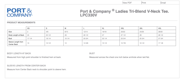 Port & Company LPC330V size chart