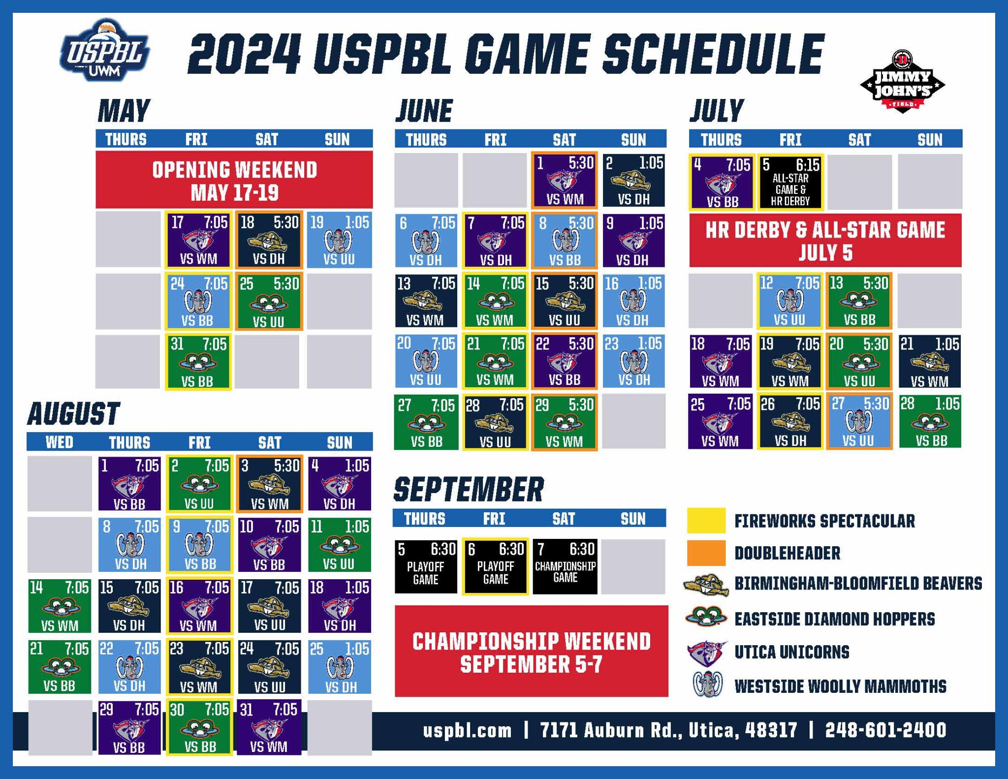 Printable Schedule United Shore Professional Baseball League (USPBL)