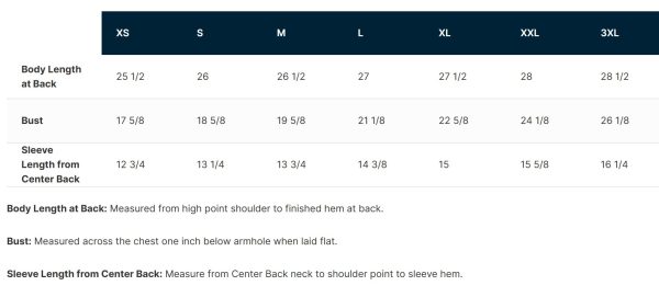 Notch Neck size chart by garment specs
