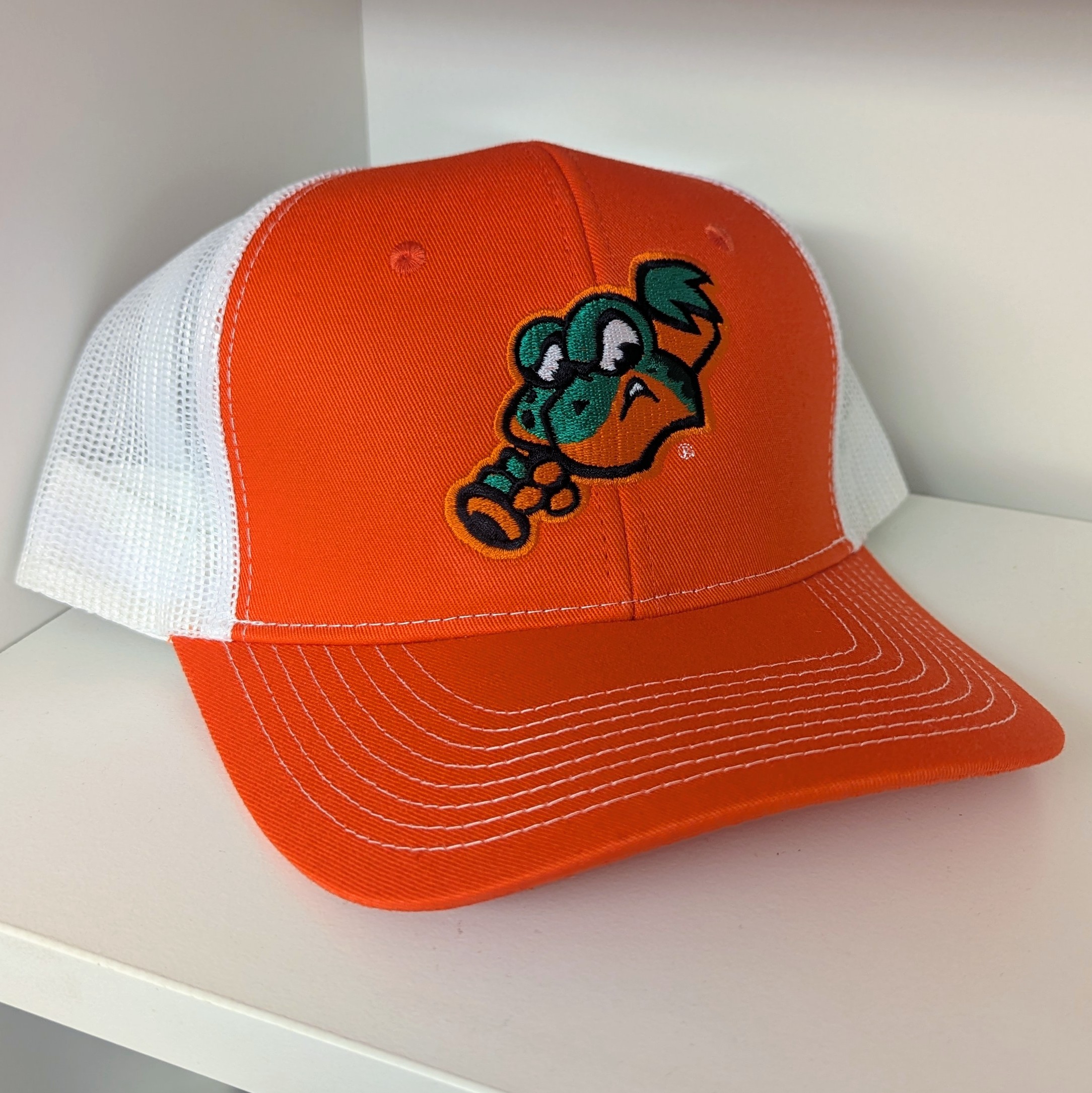 mesh trucker baseball cap hat white and orange with batting frog Eastside Diamond Hoppers logo