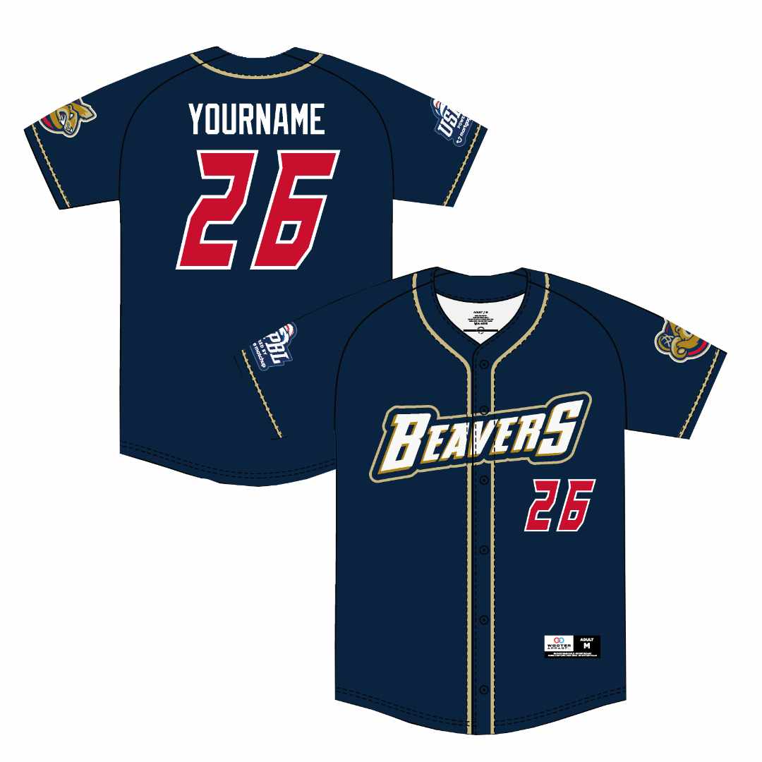 Overlapping back and front views of Birmingham Bloomfield Beavers baseball jersey in navy blue